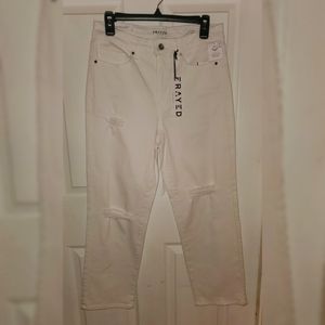 FRAYED JEANS HIGH RISE ANKLE STRAIGHT